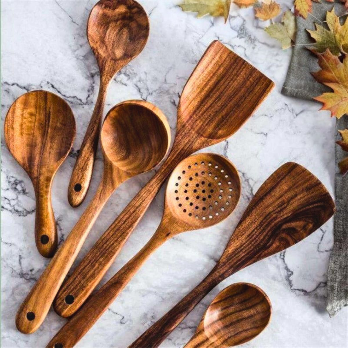 natural teak utensils set