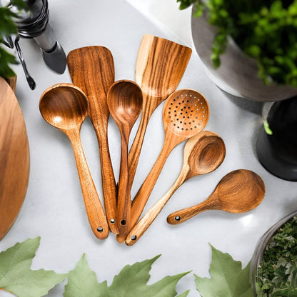 natural teak utensils set