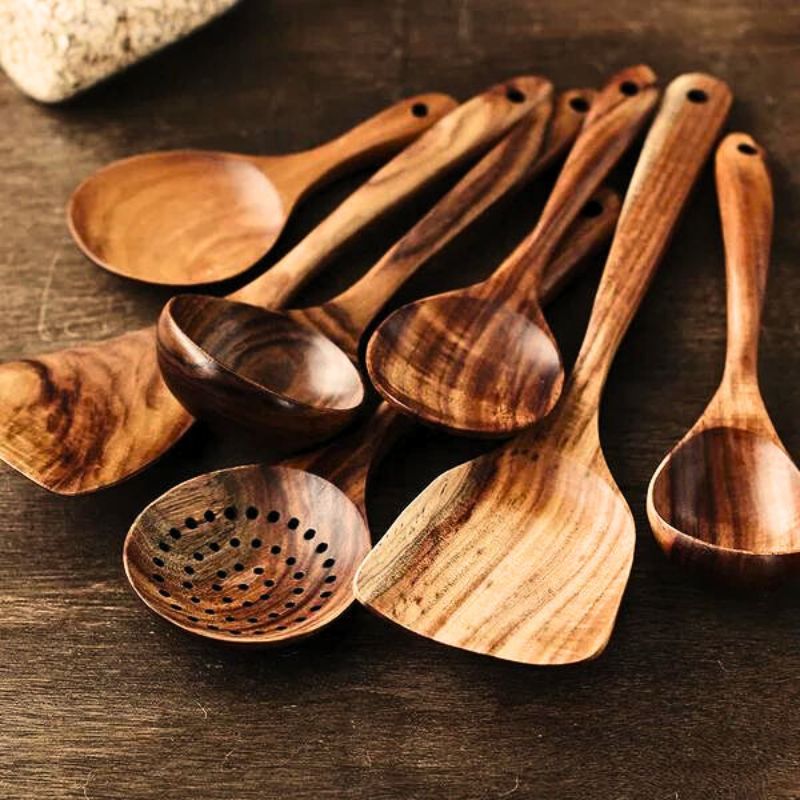 natural teak utensils set