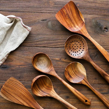 natural teak utensils set