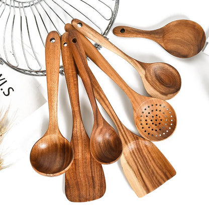 natural teak utensils set